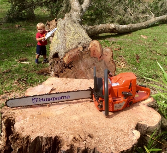A kid playing beside a cut log using Granberg's Equipment