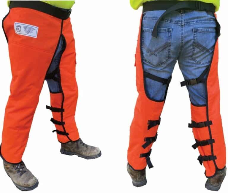 Orange Safety Chap (Long) wraps around a man's both legs.