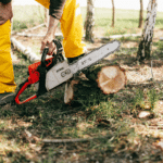 Person wearing yellow pants using a chainsaw to cut a log outdoors in a wooded area.