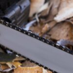 A close-up view of a chainsaw blade with sharp teeth, set against a backdrop of dried leaves.